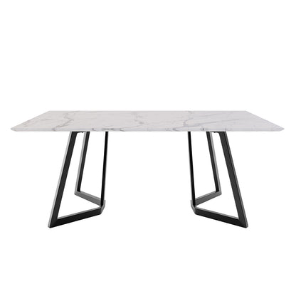 Salen 180cm White Marble Dining Table with a marble-effect top and sleek black geo-designed legs, ideal for seating 6-8 people, embodying Scandinavian elegance and durability.