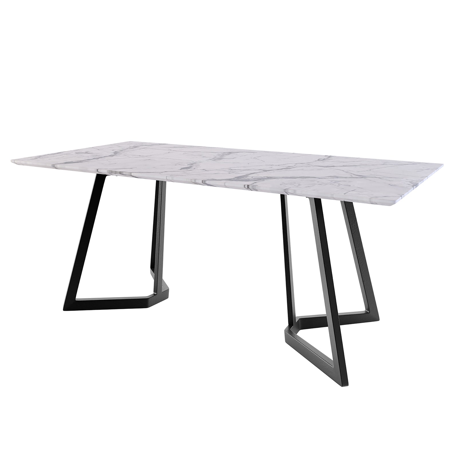 Salen 180cm White Marble Dining Table with a sleek marble feel top and distinctive black geo design legs, ideal for seating 6-8 people, enhancing dining spaces with Scandinavian elegance.