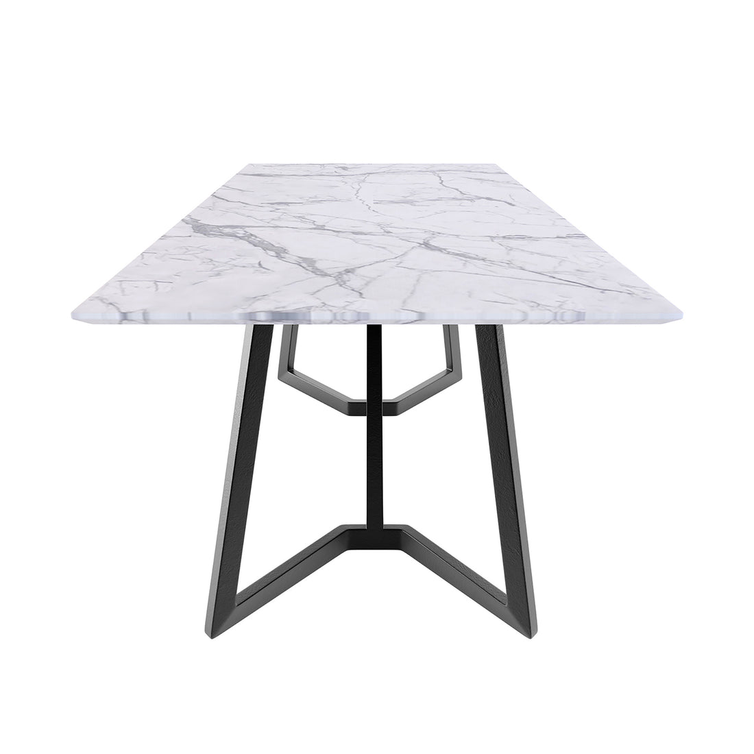 Salen 180cm White Marble Dining Table with a sleek, high-pressure laminate marble top and distinctive black powder-coated metal legs, embodying Scandinavian design suited for versatile dining experiences.