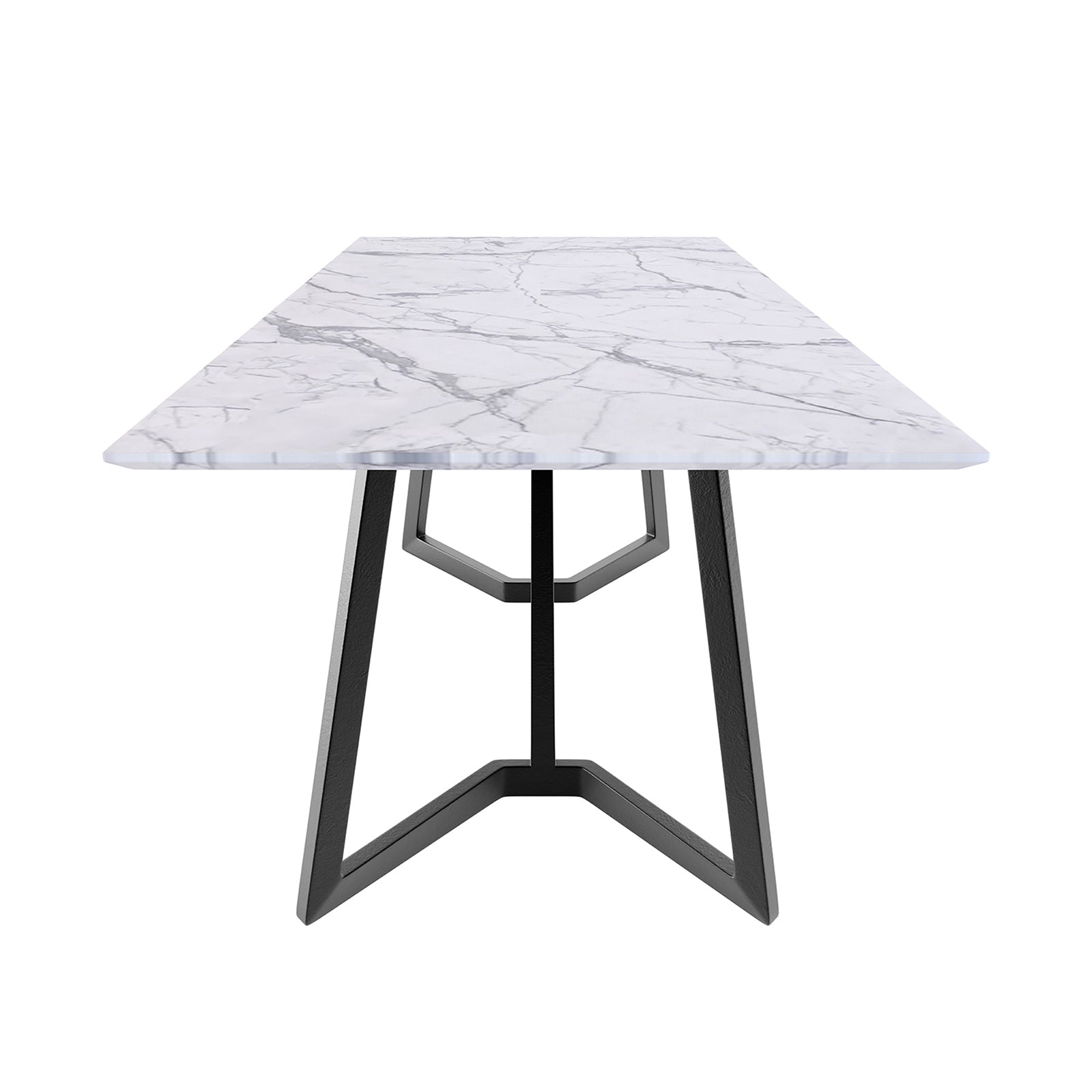 Salen 180cm White Marble Dining Table with a sleek, high-pressure laminate marble top and distinctive black powder-coated metal legs, embodying Scandinavian design suited for versatile dining experiences.