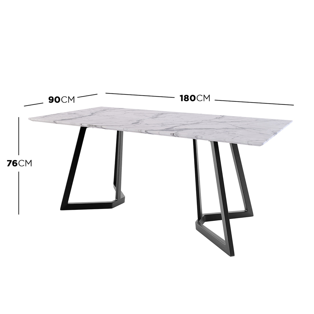 Salen 180cm White Marble Dining Table with a sleek marble feel top and distinctive black geo design metal legs, seating up to 8, perfect for modern dining settings.