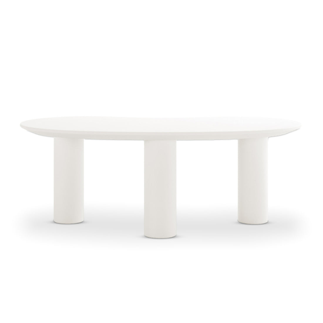 Sallie Cashew Coffee Table with Pillar Legs in White, featuring an oval top on three cylindrical legs, exudes modern elegance and minimalist design, ideal for enhancing living room or bedroom aesthetics.