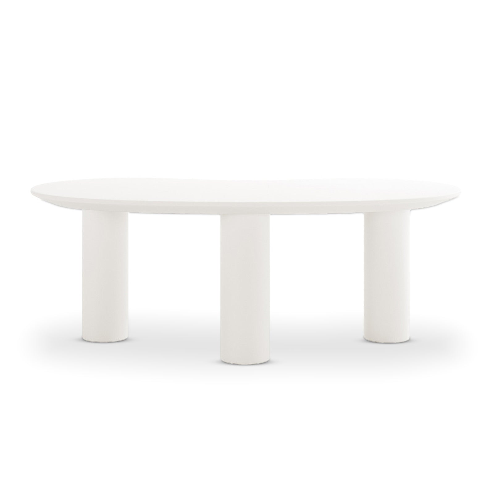 Sallie Cashew Coffee Table with Pillar Legs in White, featuring an oval top on three cylindrical legs, exudes modern elegance and minimalist design, ideal for enhancing living room or bedroom aesthetics.