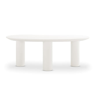 Sallie Cashew Coffee Table with Pillar Legs in White, featuring an oval top on three cylindrical legs, exudes modern elegance and minimalist design, ideal for enhancing living room or bedroom aesthetics.