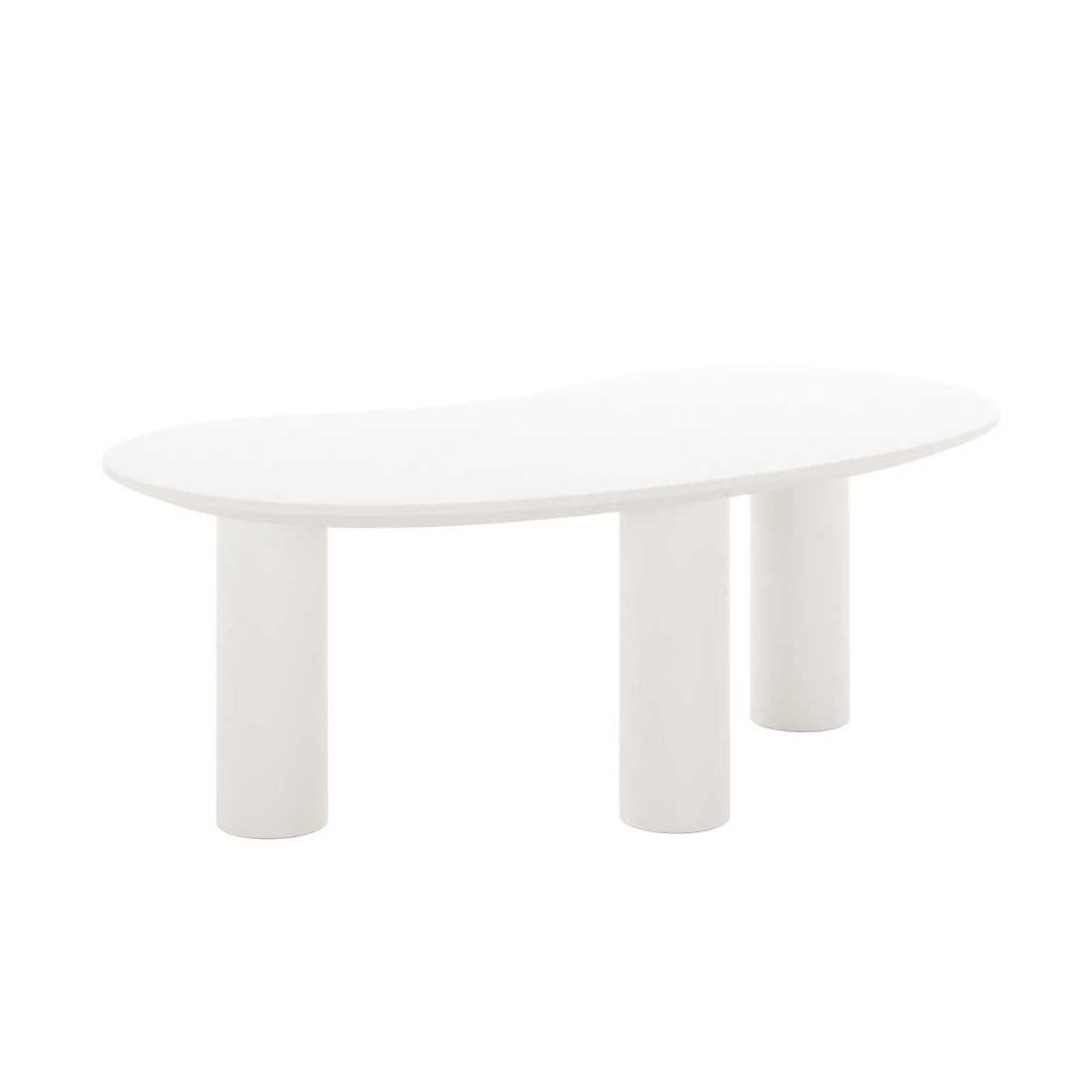 Sallie Cashew Coffee Table with Pillar Legs features a minimalist, rounded-oval top with three cylindrical legs, showcasing a modern, sculptural style, perfect for contemporary spaces.