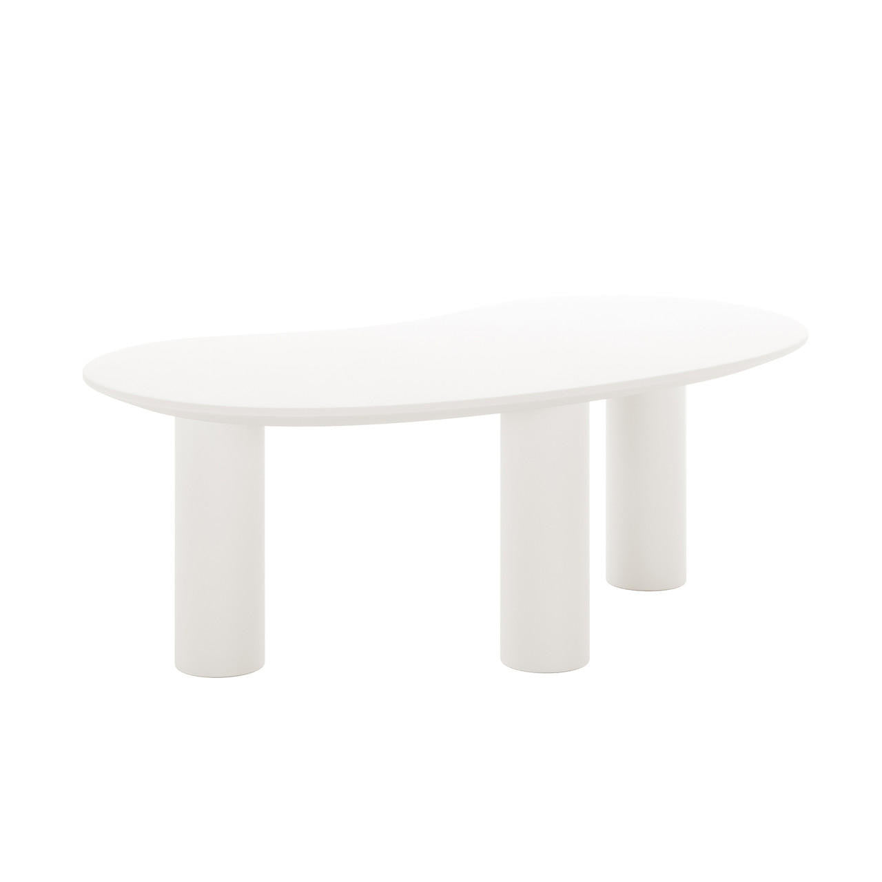 Sallie Cashew Coffee Table with Pillar Legs features a minimalist, rounded-oval top with three cylindrical legs, showcasing a modern, sculptural style, perfect for contemporary spaces.