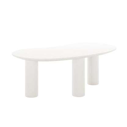 Sallie Cashew Coffee Table with Pillar Legs features a minimalist, rounded-oval top with three cylindrical legs, showcasing a modern, sculptural style, perfect for contemporary spaces.