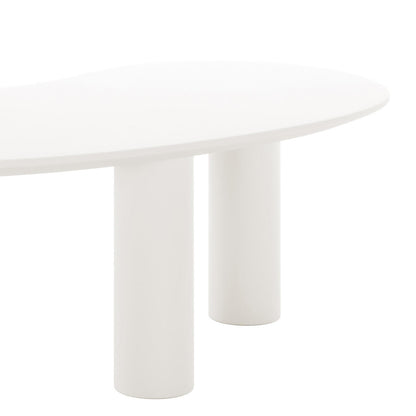 Sallie Cashew Coffee Table with Pillar Legs in White features an oval tabletop on two cylindrical legs, showcasing a minimalist design with a smooth matte finish.