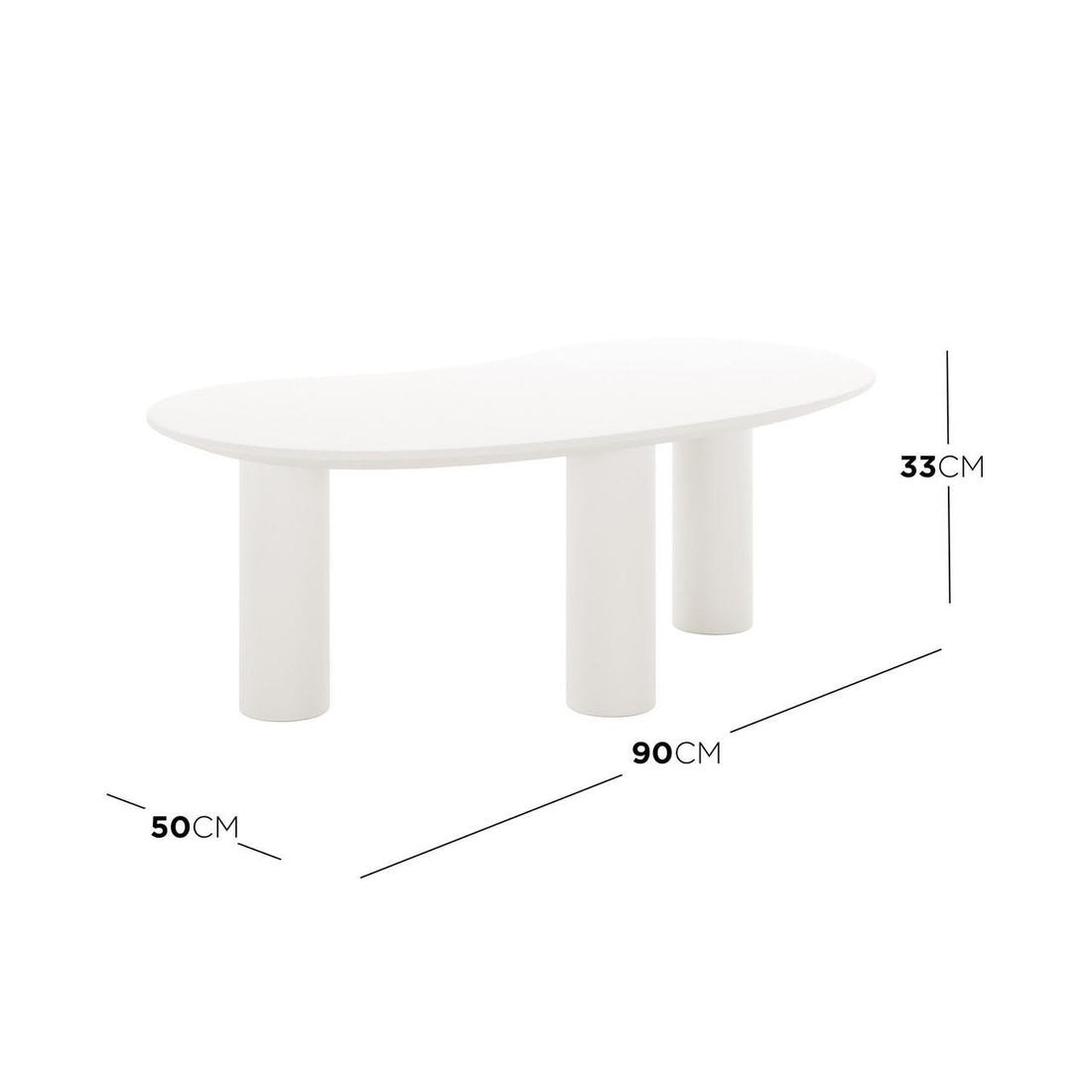 Sallie Cashew Coffee Table with Pillar Legs in White, featuring a minimalist, low oval shape with three cylindrical legs, showcasing dimensions of 90 cm length, 50 cm width, and 33 cm height.