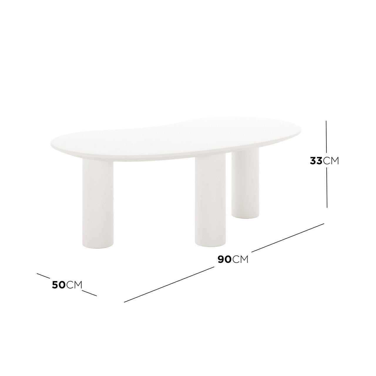 Sallie Cashew Coffee Table with Pillar Legs in White, featuring a minimalist, low oval shape with three cylindrical legs, showcasing dimensions of 90 cm length, 50 cm width, and 33 cm height.