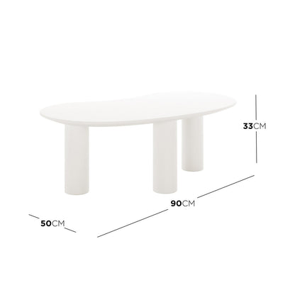 Sallie Cashew Coffee Table with Pillar Legs in White, featuring a minimalist, low oval shape with three cylindrical legs, showcasing dimensions of 90 cm length, 50 cm width, and 33 cm height.