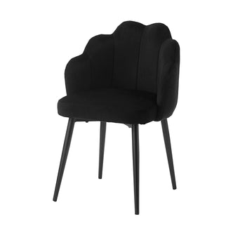 Sally Scalloped Velvet Dining Chair Set of 2 in Black, featuring a shell-style backrest and plush upholstered seat, supported by slender, tapered metal legs for a modern, elegant look.