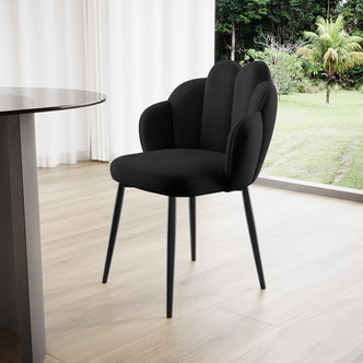 Sally Velvet Upholstered Flower Dining Chair Black Set of 2 featuring plush velvet fabric, sleek metal legs, and anti-slip feet pads, offering modern style and comfort in any dining or living space.