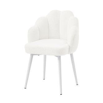 Sally Boucle Upholstered Flower Dining Chair Cream White Set of 2, featuring sleek metal legs and boucle fabric upholstery with armrests, showcasing modern elegance and sturdy design.