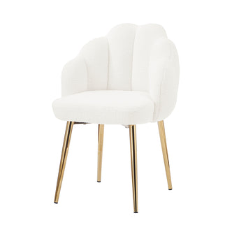 Sally Scalloped Boucle Dining Chair Set of 2 in Gold & Cream, featuring a scallop-back design, plush bouclé upholstery, foam padding, and slim gold-tone legs, offering elegance and comfort.