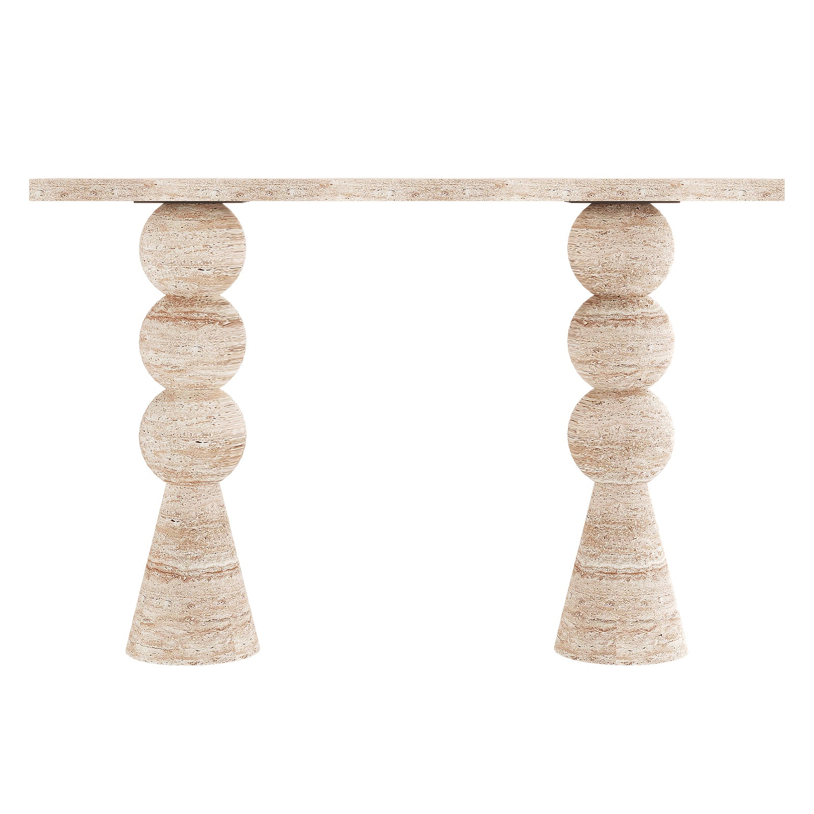 Sandford Modern Concrete Console Table in travertine finish with a sculptural base of stacked round shapes. The smooth, rectangular top adds a bold, modern touch, ideal for any contemporary space.