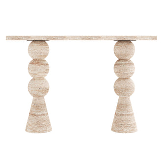 Sandford Modern Concrete Console Table in travertine finish with a sculptural base of stacked round shapes. The smooth, rectangular top adds a bold, modern touch, ideal for any contemporary space.