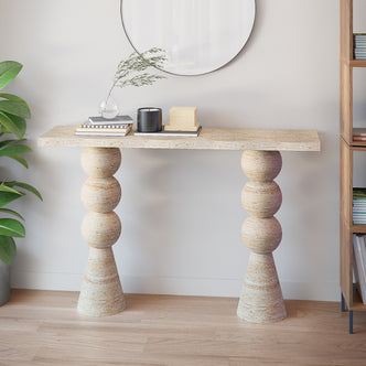 Sandford Modern Concrete Console Table - Travertine features a travertine-like finish with a smooth, rectangular top and a sculpted, round-shaped base, ideal for enhancing narrow spaces like hallways.