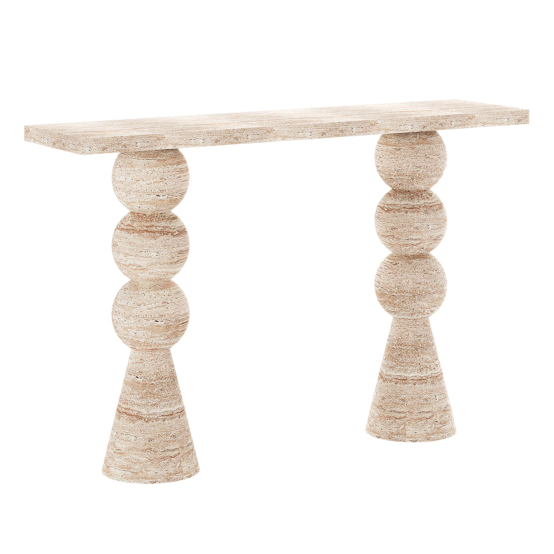 Sandford Modern Concrete Hallway Console Table - Travertine, showcasing a travertine-like finish and artistic sculpted base with stacked round shapes, offering a sleek, modern look ideal for narrow spaces.
