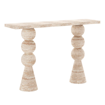 Sandford Modern Concrete Hallway Console Table - Travertine, showcasing a travertine-like finish and artistic sculpted base with stacked round shapes, offering a sleek, modern look ideal for narrow spaces.