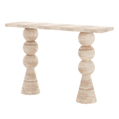 Sandford Modern Concrete Console Table – Travertine, showcasing a sculpted, round-stacked base and smooth rectangular top, mimicking travertine stone for a modern, artistic look.