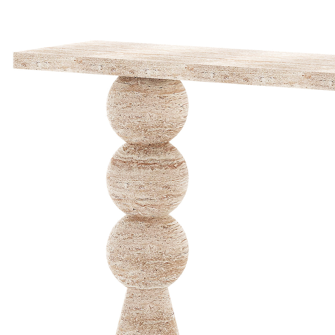 Sandford Modern Concrete Console Table - Travertine features a sculpted, artsy base with round, tapering shapes and a smooth rectangular top, showcasing a travertine-like finish in a modern design.