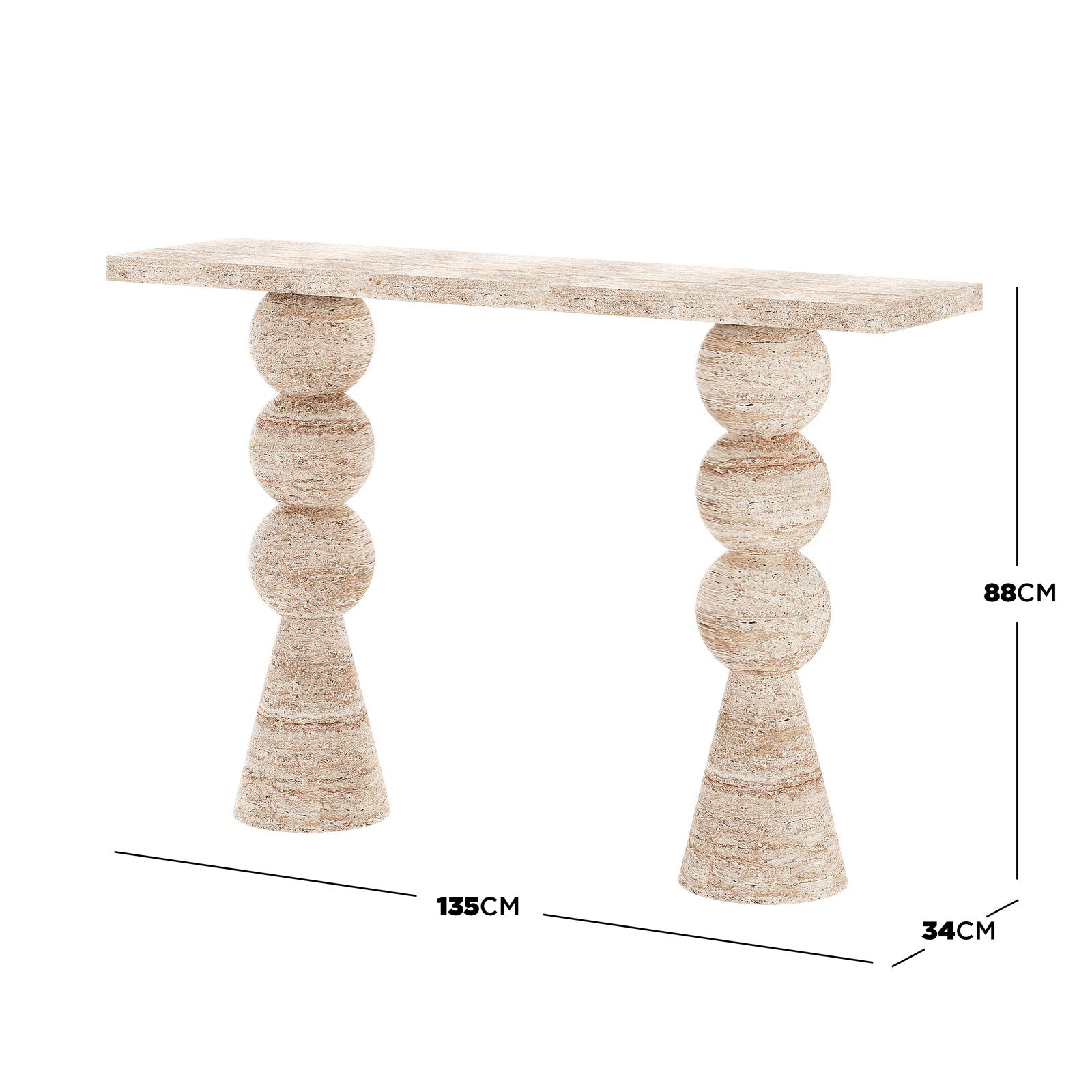 Sandford Modern Concrete Console Table - Travertine features a smooth rectangular top with a sculpted base of stacked round shapes, resembling natural travertine stone, showcasing modern elegance and artful design.