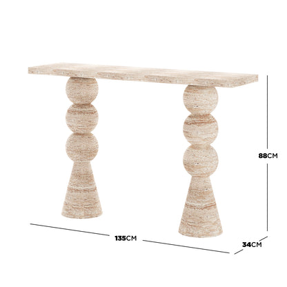 Sandford Modern Concrete Console Table - Travertine features a smooth rectangular top with a sculpted base of stacked round shapes, resembling natural travertine stone, showcasing modern elegance and artful design.