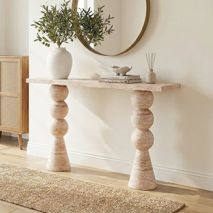 Sandford Modern Concrete Console Table - Travertine features a travertine-like finish with a smooth, rectangular top and a sculpted, round-shaped base, ideal for enhancing narrow spaces like hallways.