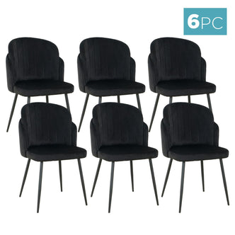 Scarlett Dining Chair Set of 6 in Black features modern, armless design with vertically-channeled upholstery and slender metal legs. A 6PC label confirms the six-chair package.