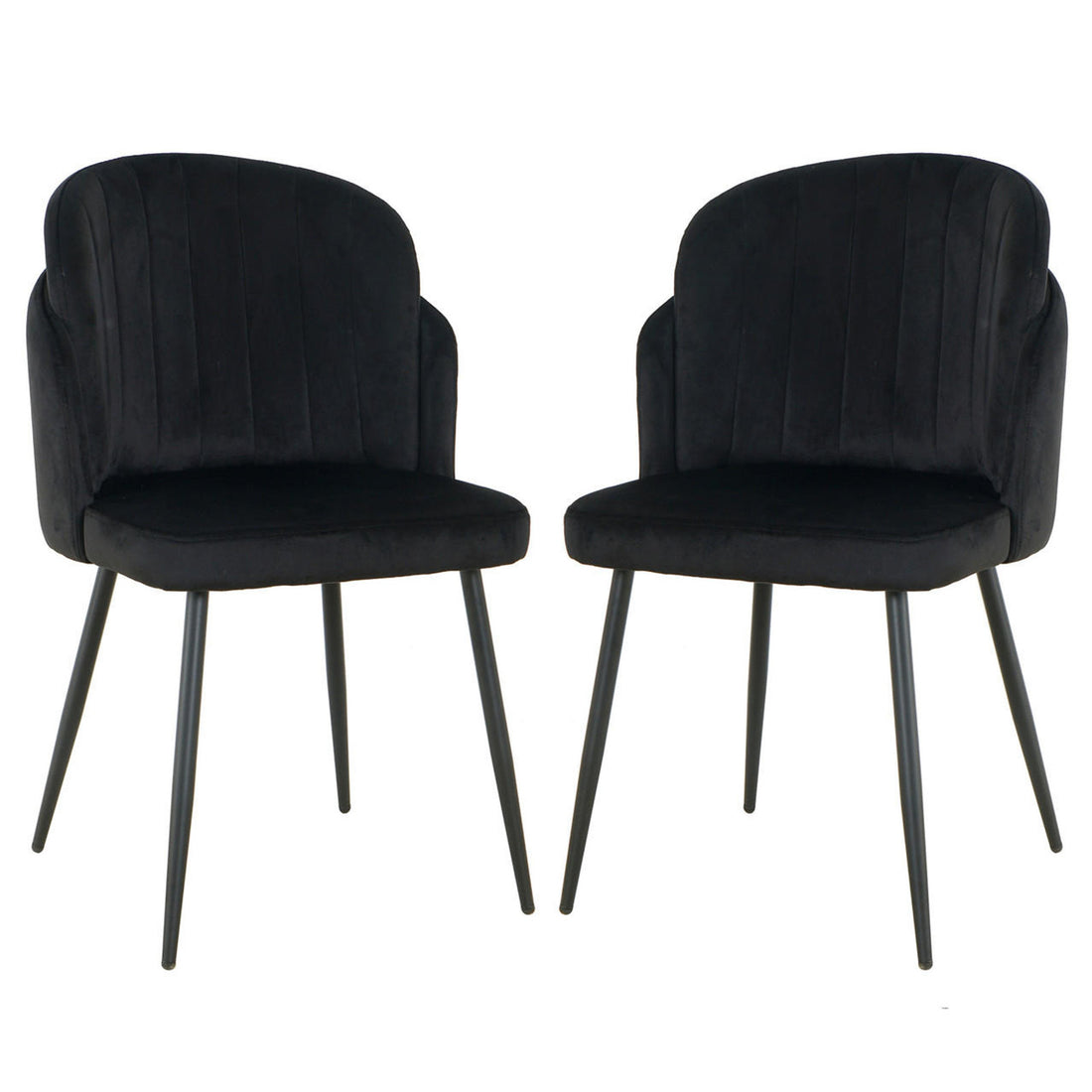 Scarlett Velvet Dining Chair Set of 2 in Black, featuring elegantly curved upholstered seats with subtle vertical channel stitching and slender tapered black metal legs for a modern touch.