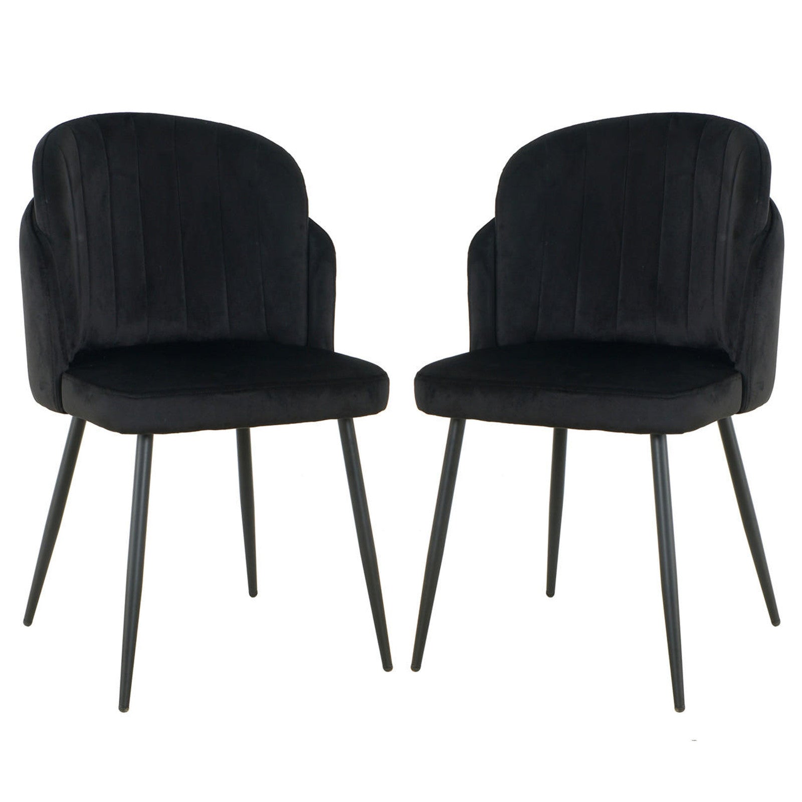 Scarlett Velvet Dining Chair Set of 2 in Black, featuring elegantly curved upholstered seats with subtle vertical channel stitching and slender tapered black metal legs for a modern touch.