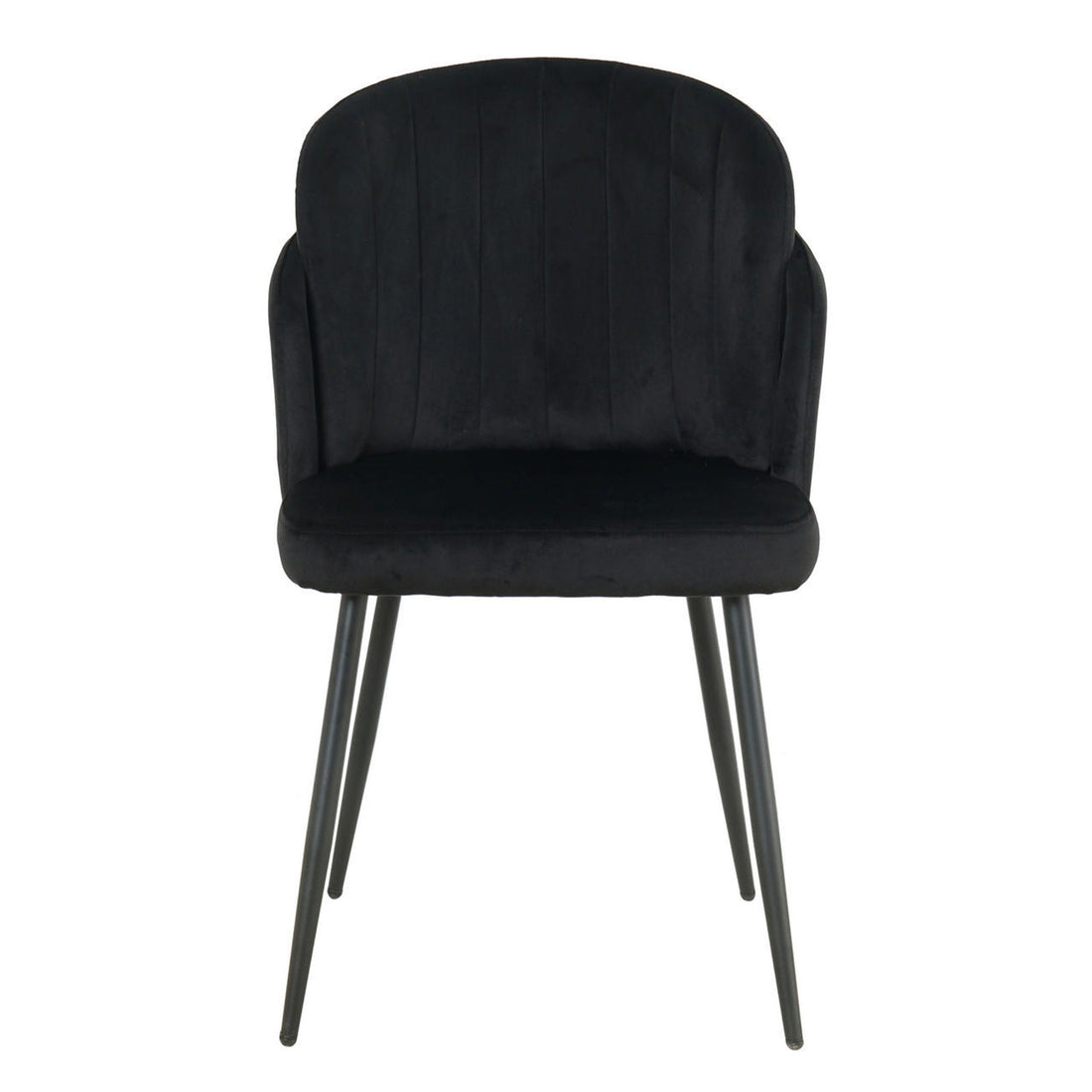Scarlett Velvet Dining Chair Set of 2 in Black, featuring a modern curved design with plush black upholstery and sleek black metal legs, perfect as accent or dining seating.