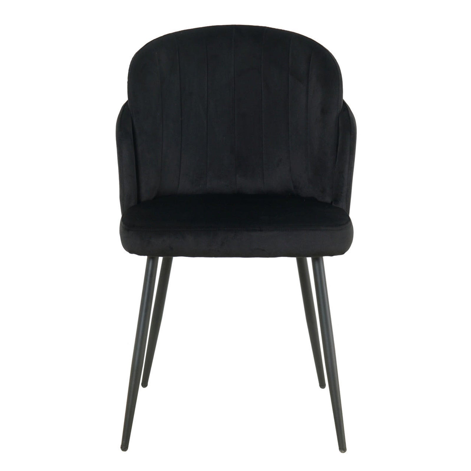 Scarlett Velvet Dining Chair Set of 2 in Black, featuring a modern curved design with plush black upholstery and sleek black metal legs, perfect as accent or dining seating.