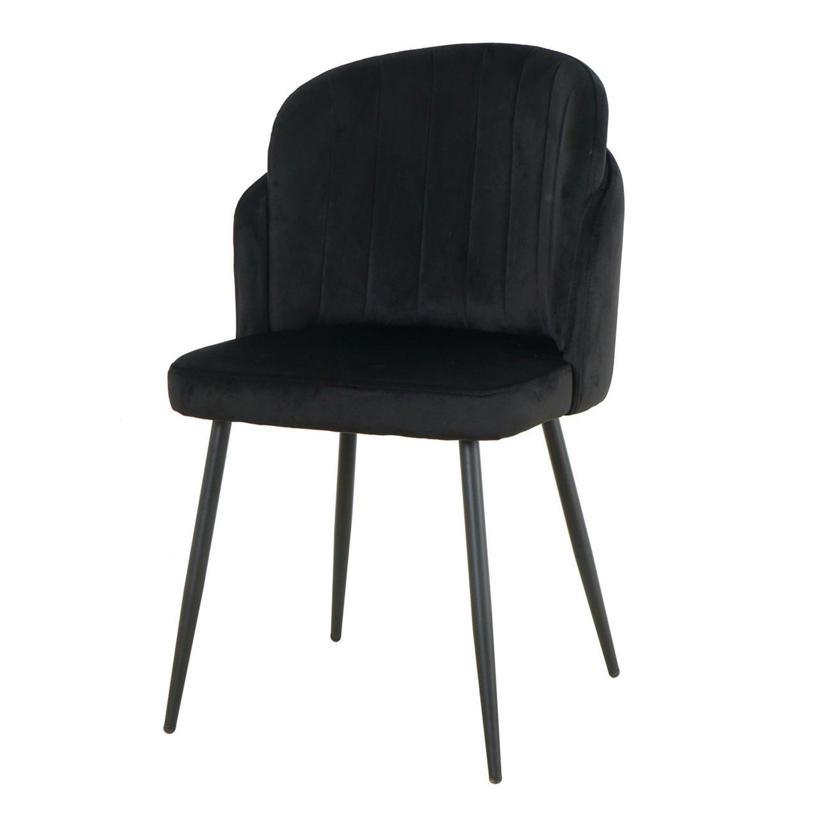 Scarlett Velvet Dining Chair Set of 2 in Black, featuring plush black upholstery with vertical channel stitching, wing-arm profile, and slender black metal legs, offering modern elegance and stability.