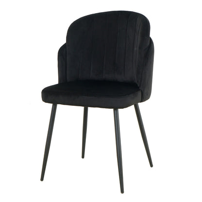Scarlett Velvet Dining Chair Set of 2 in Black, featuring plush black upholstery with vertical channel stitching, wing-arm profile, and slender black metal legs, offering modern elegance and stability.