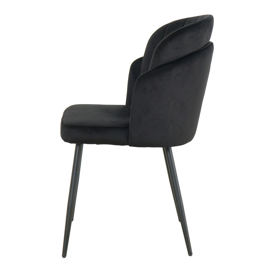 Scarlett Velvet Dining Chair Set of 2 in Black, featuring a side view of a modern chair with velvet padded seat and backrest, curved design, and slender metal legs, ideal for contemporary spaces.