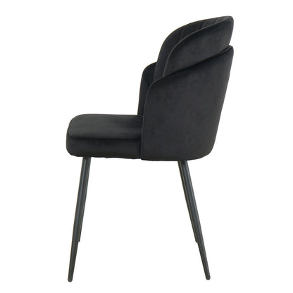 Scarlett Velvet Dining Chair Set of 2 in Black, featuring a side view of a modern chair with velvet padded seat and backrest, curved design, and slender metal legs, ideal for contemporary spaces.