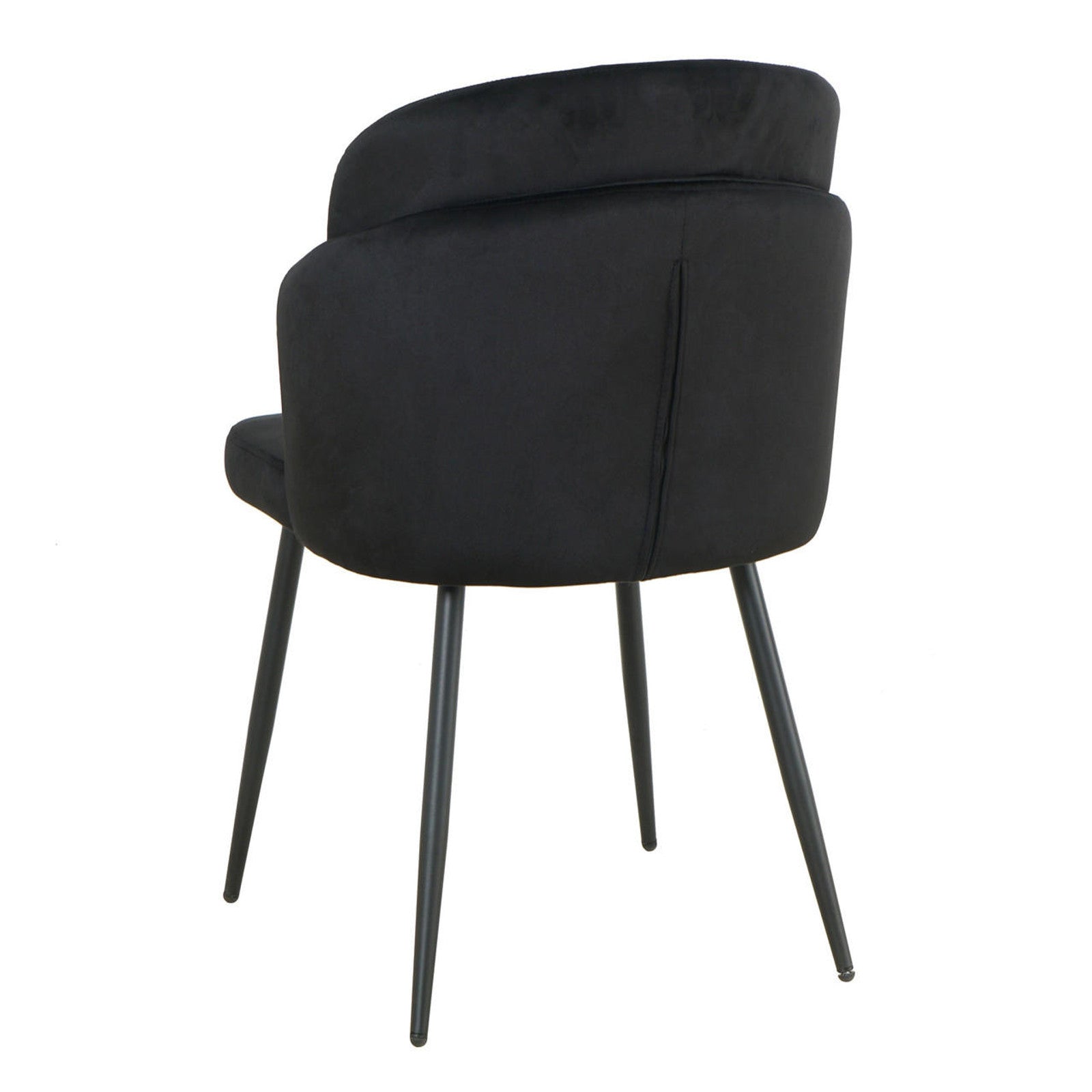 Scarlett Velvet Dining Chair Set of 2 in Black, showcasing a sleek design with a low curved backrest and seat, black fabric upholstery, and slender metal legs, ideal for dining or accent use.