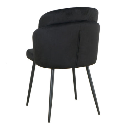Scarlett Velvet Dining Chair Set of 2 in Black, showcasing a sleek design with a low curved backrest and seat, black fabric upholstery, and slender metal legs, ideal for dining or accent use.