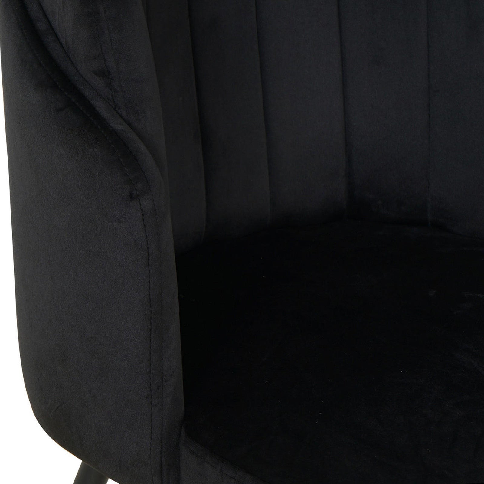 Close-up of Scarlett Velvet Dining Chair Set of 2 in Black, showcasing the plush velvety fabric on the cushioned backrest and curved armrest, highlighting luxurious comfort and modern design.