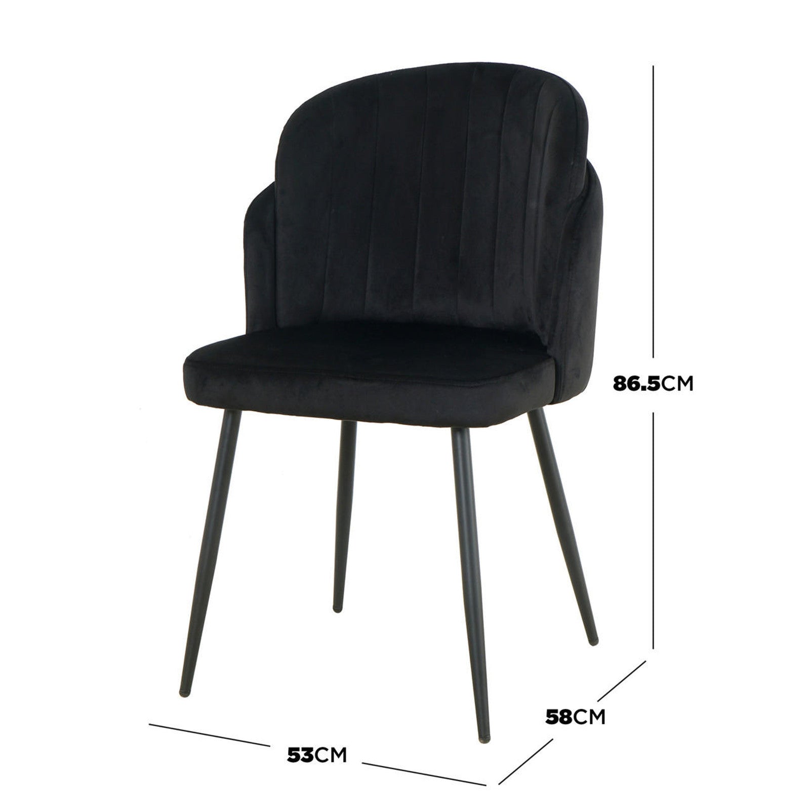 Scarlett Velvet Dining Chair Set of 2 in Black, featuring plush black upholstery on a modern design with slender metal legs, highlighted by dimensions: 53cm wide, 58cm deep, 86.5cm high.