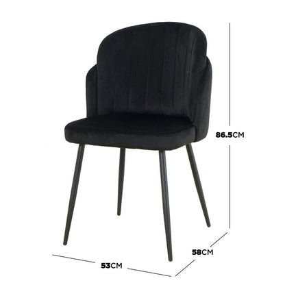 Scarlett Velvet Dining Chair Set of 2 in Black, featuring plush black upholstery on a modern design with slender metal legs, highlighted by dimensions: 53cm wide, 58cm deep, 86.5cm high.