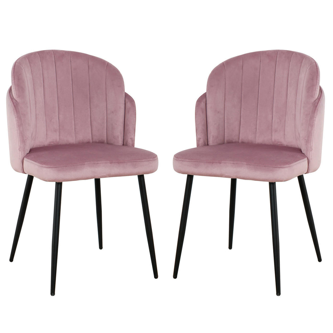 Scarlett Velvet Dining Chair Set of 2 in Mauve Pink with blush-pink, vertically tufted velvet upholstery and slender black metal legs, offering a sophisticated, mid-century modern design for elegant dining spaces.