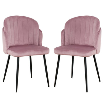Scarlett Velvet Dining Chair Set of 2 in Mauve Pink with blush-pink, vertically tufted velvet upholstery and slender black metal legs, offering a sophisticated, mid-century modern design for elegant dining spaces.