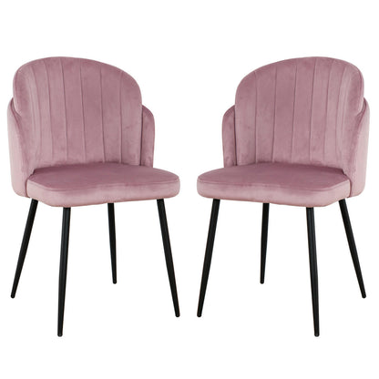 Scarlett Velvet Dining Chair Set of 2 in Mauve Pink with blush-pink, vertically tufted velvet upholstery and slender black metal legs, offering a sophisticated, mid-century modern design for elegant dining spaces.