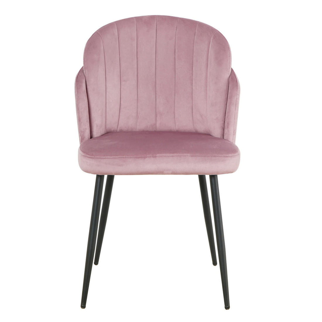 Scarlett Velvet Dining Chair Set of 2 in Mauve Pink features blush-pink, velvet upholstery with channel-stitched backrest, supported by slender black metal legs, offering modern elegance and comfort.