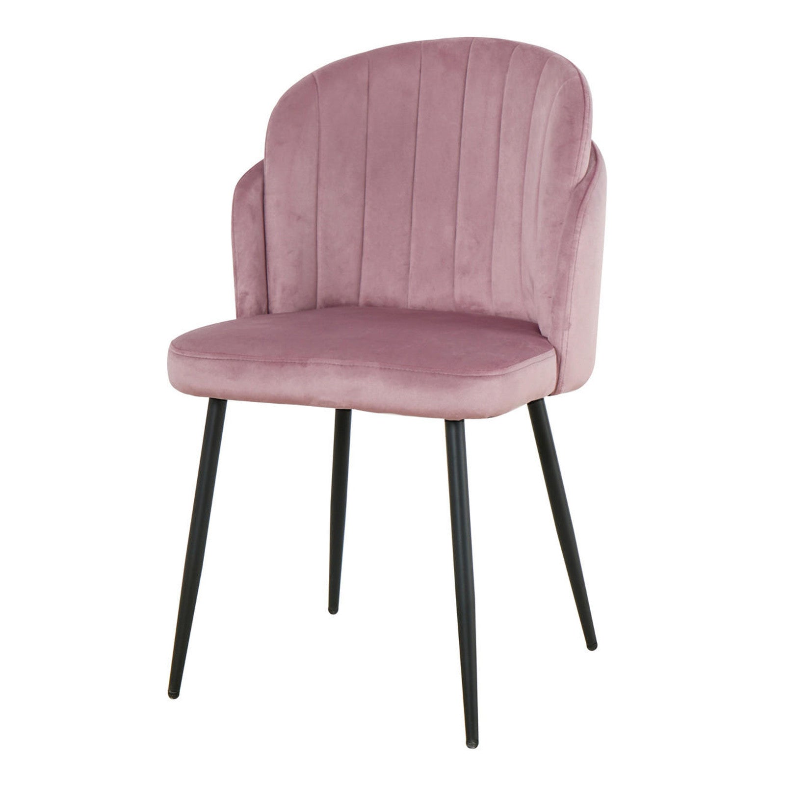Scarlett Velvet Dining Chair Set of 2 in Mauve Pink, featuring dusty-rose velvet with vertical stitching, slim black metal legs, offering modern elegance and comfort for dining spaces.