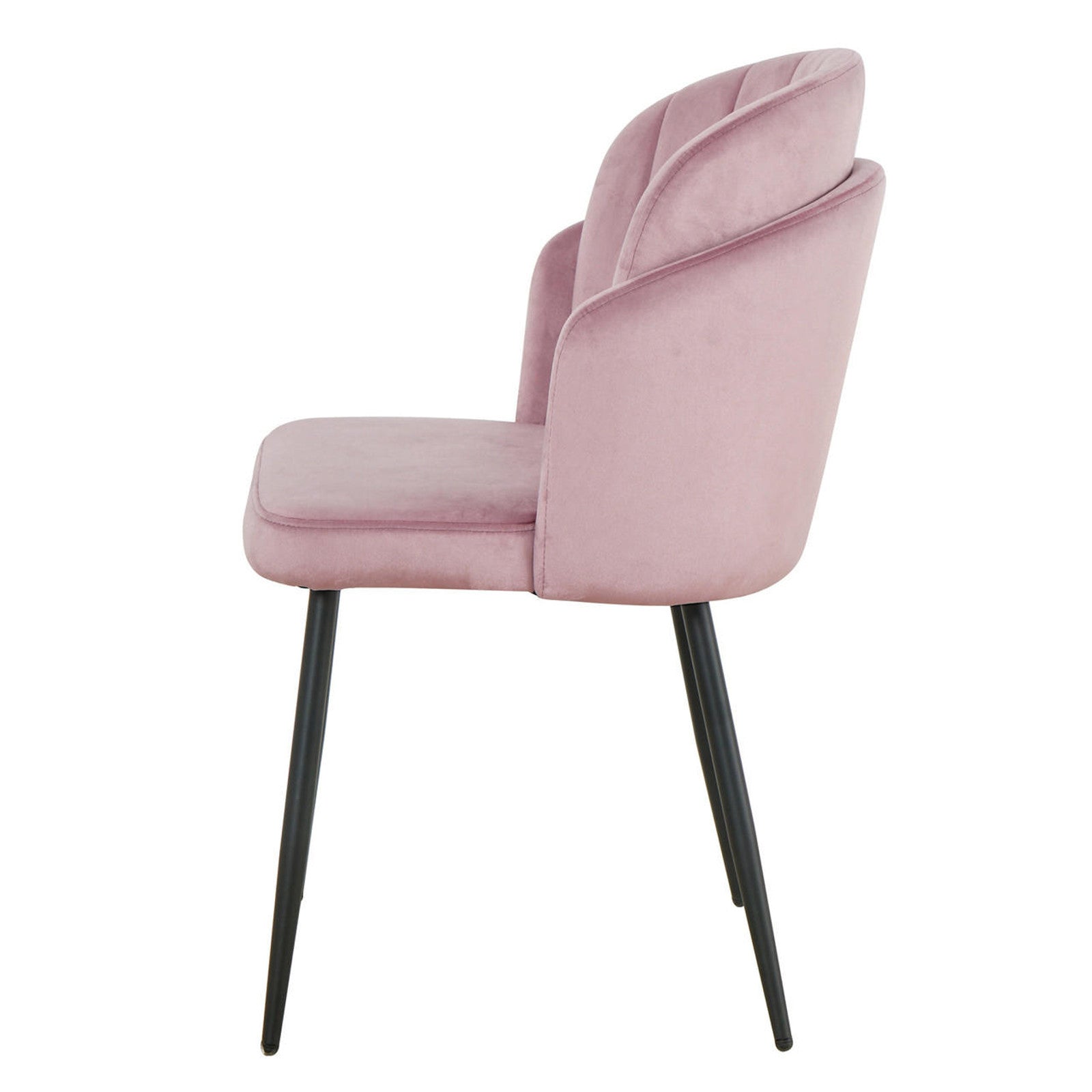 Scarlett Velvet Dining Chair Set of 2 in Mauve Pink features a fluted, velvet-style seat and backrest with slender black metal legs, offering modern elegance and luxurious comfort for your dining space.