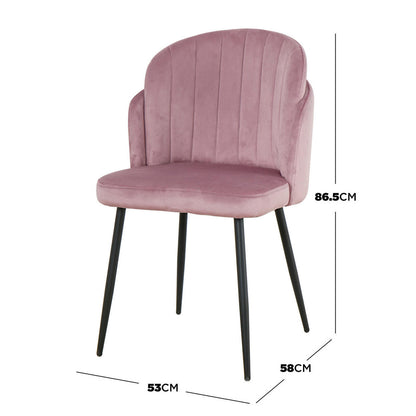 Scarlett Velvet Dining Chair Set of 2 in Mauve Pink features a softly curved, channel-stitched back, padded seat in rose-pink velvet, and slim black metal legs. Dimensions: 86.5 cm tall, 53 cm wide, 58 cm deep.